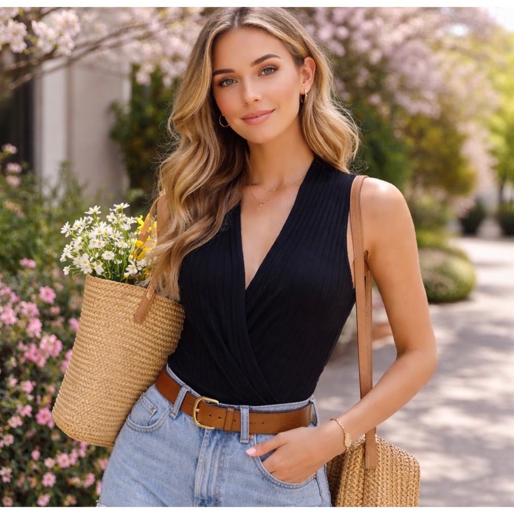 Day Into Night Bodysuit Black Ribbed Wrap V-Neck Sleeveless S, NWT Closet Staple - Picture 7 of 7
